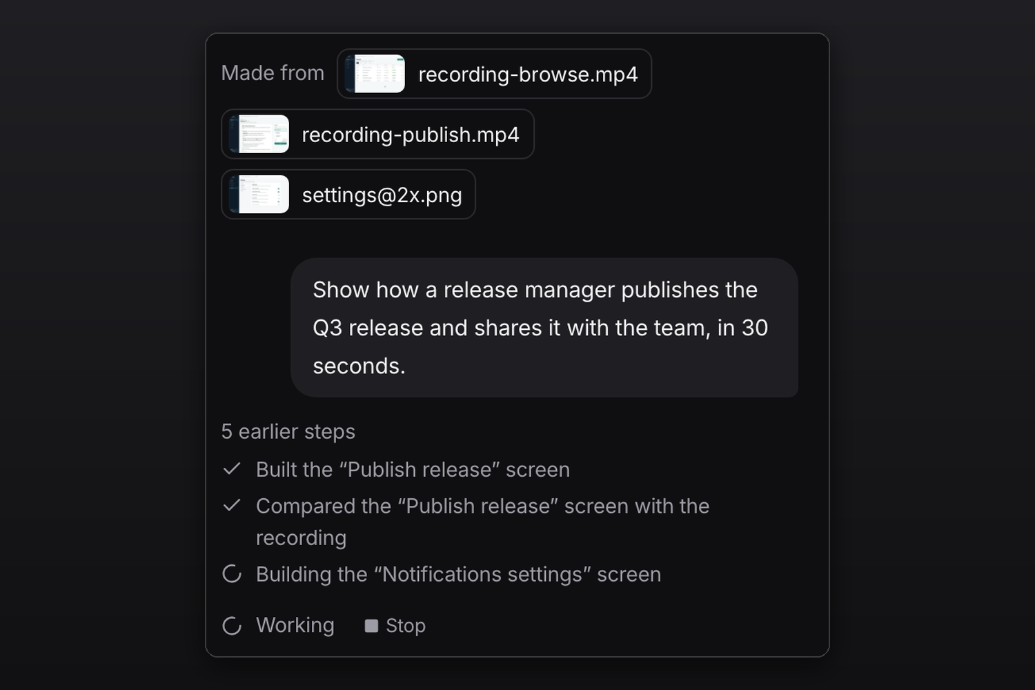 Claude Code making the first draft from two screen recordings and a screenshot: the brief, then its steps building the Publish release screen, comparing it with the recording and building the Notifications settings screen.
