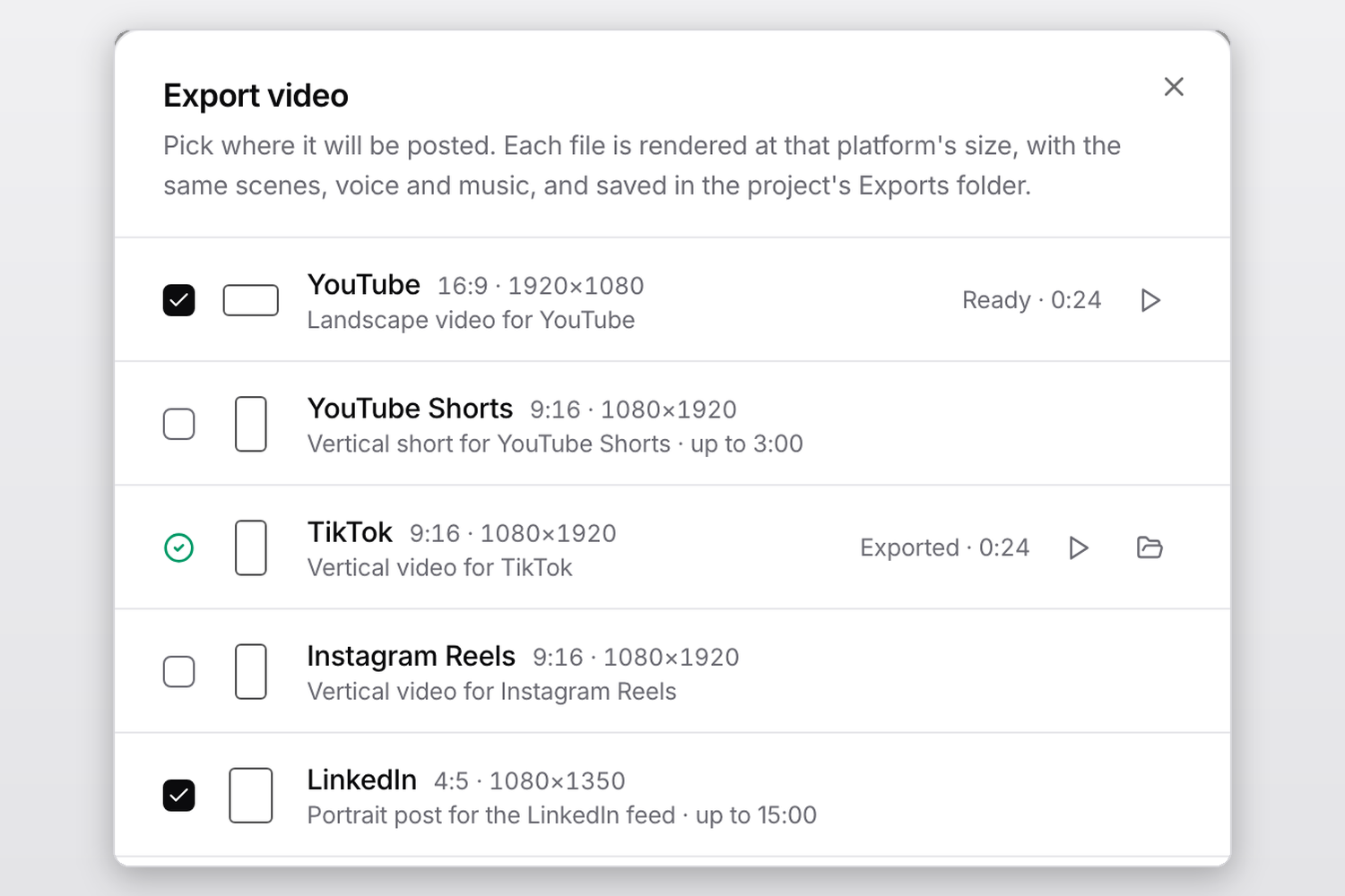 The Export video dialog with YouTube, TikTok and LinkedIn chosen, each rendered at its own size, such as 1920x1080 for YouTube and 1080x1920 for TikTok.