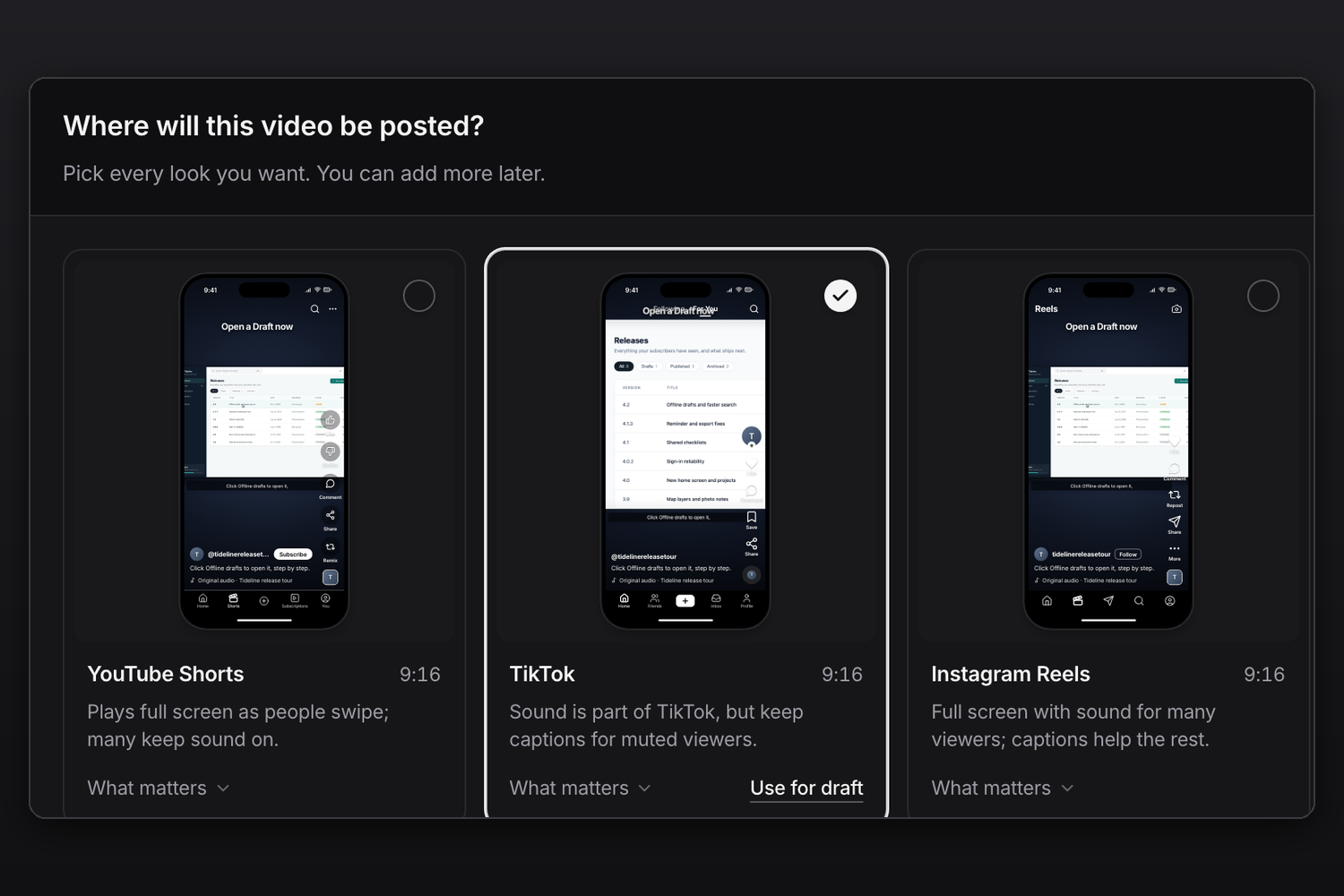 The Where will this video be posted? dialog showing phone previews for YouTube Shorts, TikTok and Instagram Reels.