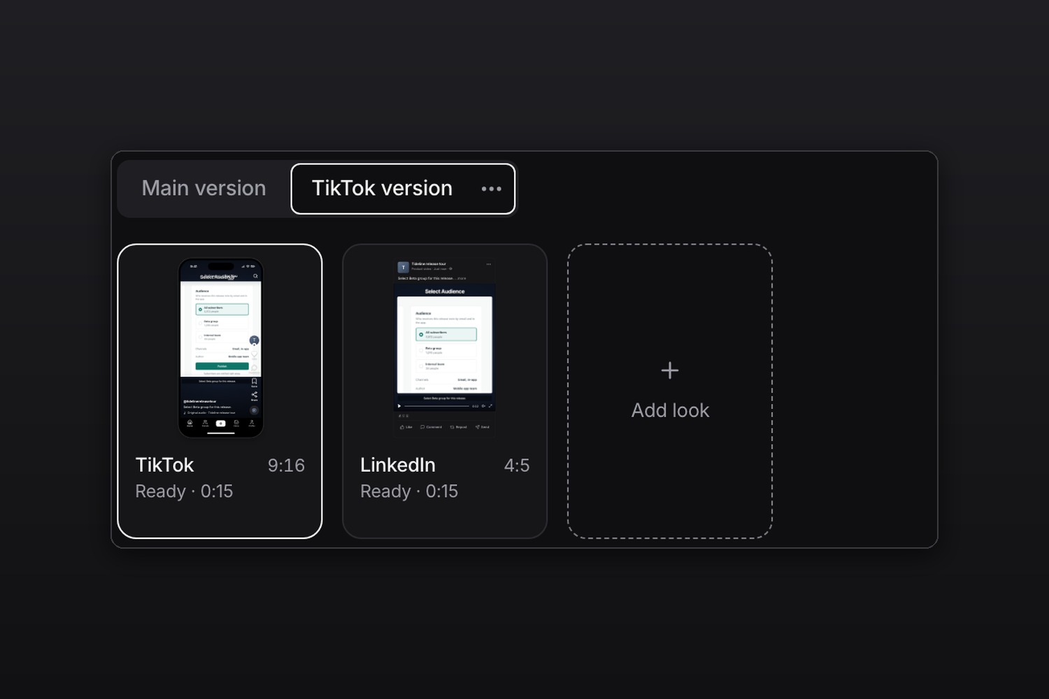 The version selector with the main version and a TikTok version open, and that version's TikTok and LinkedIn looks, each 15 seconds long.